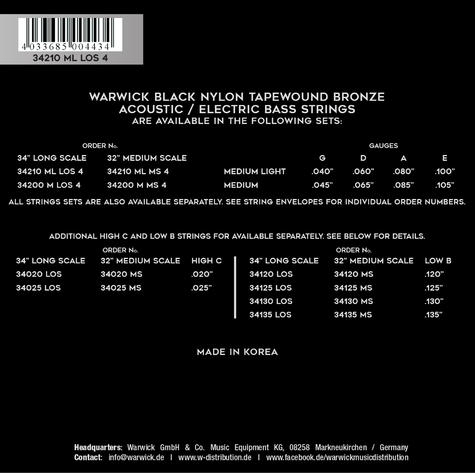 Warwick Black Nylon Tapewound Acoustic / Electric Bass / 4-String Set (040-100 - long scale)